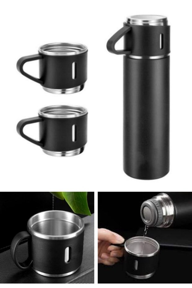 Stainless Steel Thermos 3 Cup Thermos Set Vacuum Camping Thermos Set Black