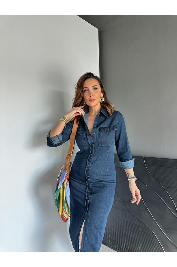 Lacivert Kapak Cepli Düğmeli Kot Elbise - 4