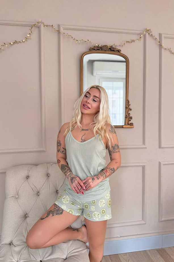 Yeşil Fresh Summer Desenli İp Askılı Şortlu Kadın Pijama Takımı - 5