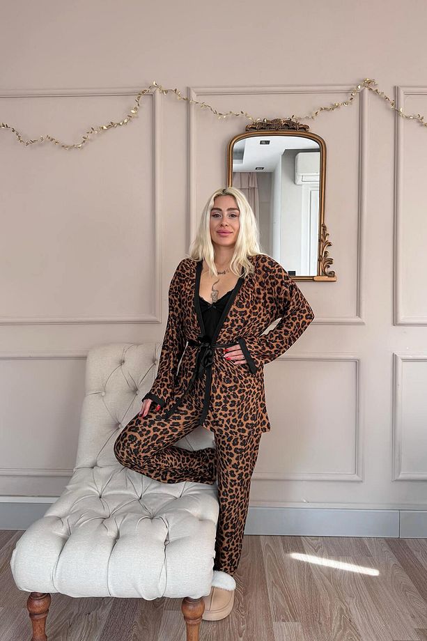 Siyah Leopard Luxe Exclusive Örme Sabahlıklı Kadın Pijama Takım - 7