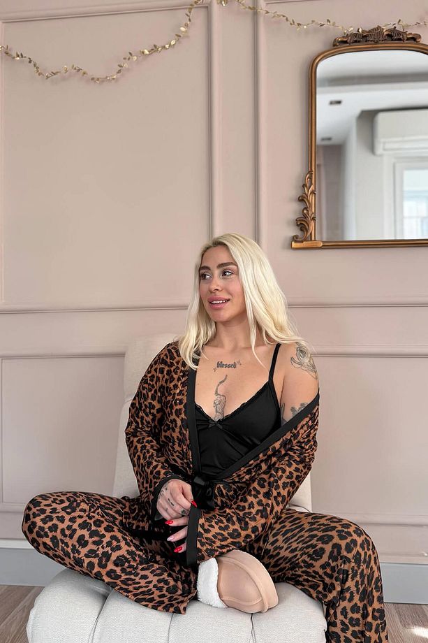 Siyah Leopard Luxe Exclusive Örme Sabahlıklı Kadın Pijama Takım - 5