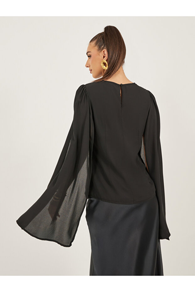Solid Round Neck Cape Sleeve Blouse - 5