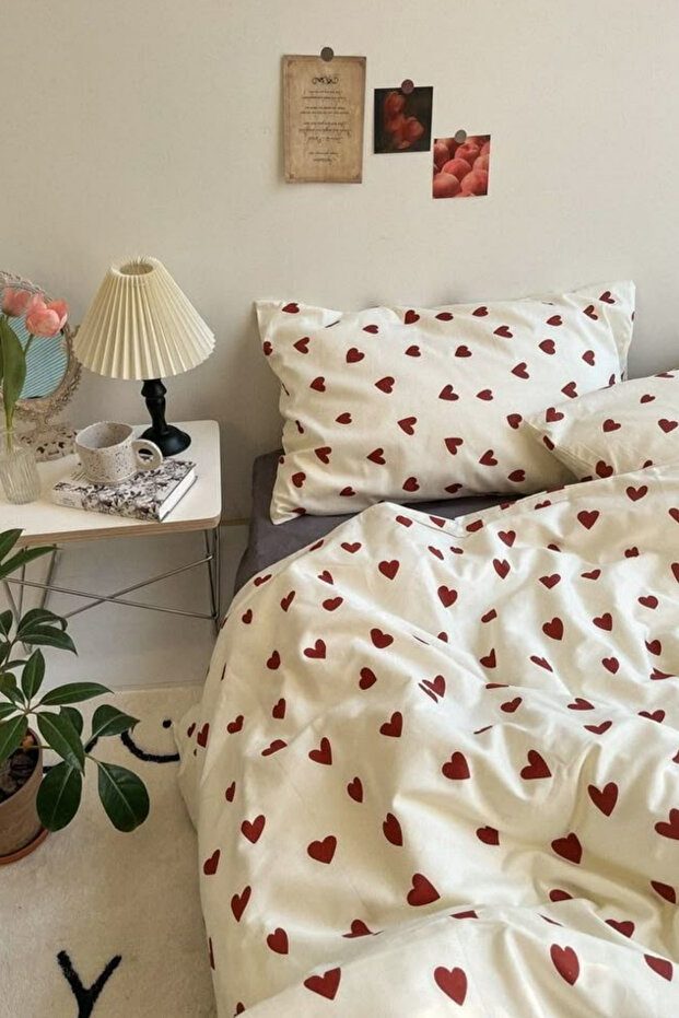 Double Duvet Cover Set Red Heart Cotton Pillowcase (with Gift)