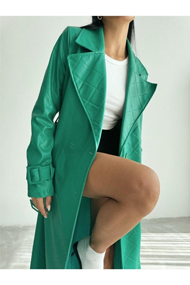 KAPİTONE DERİ TRENCH - Yeşil - 4