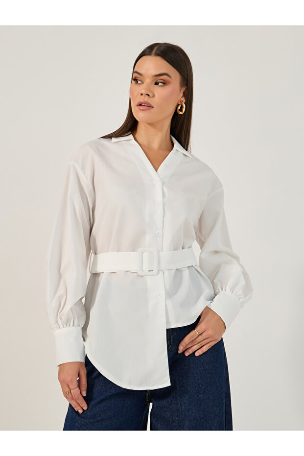 قميص سادة بياقة وأزرار وحزام - 1