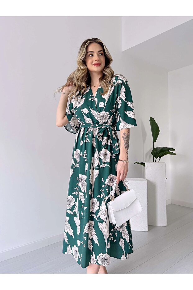 Women's Summer Double Breasted Collar Patterned Ankle Length Double Slit Dress 13E-2228