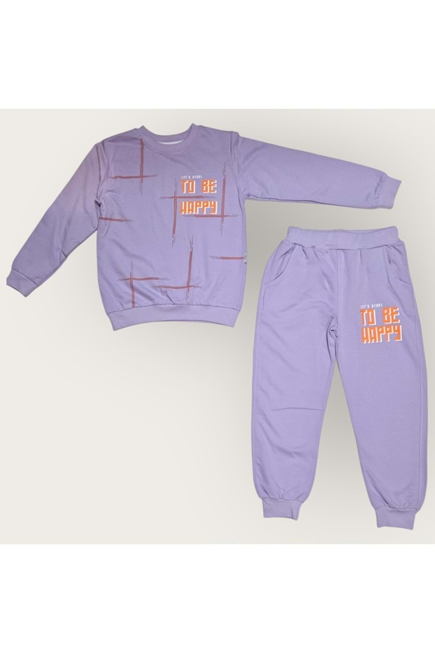 To Be Happy Motif Girls' Tracksuit Mnk0624 Lila