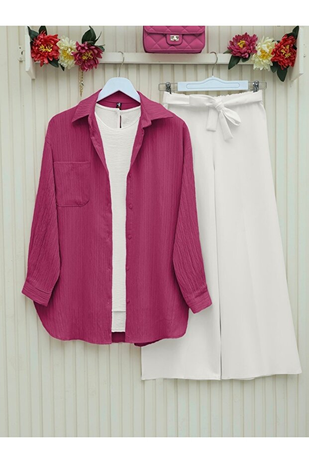 Single Pocket Buttoned Collar Crinkle Shirt - Fuchsia