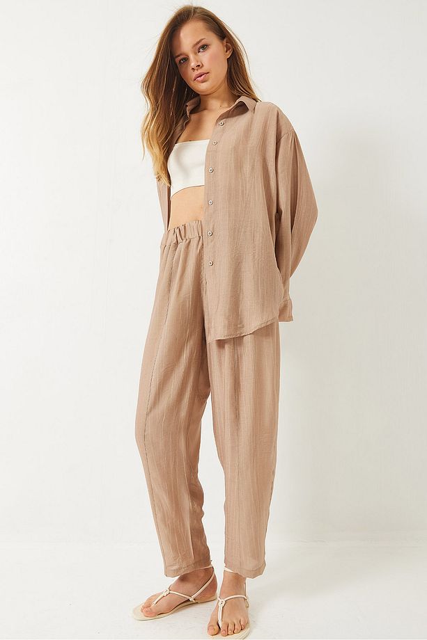 Kadın Sieva Kumaş Oversize Viskon Gömlek Pantolon Alt-Üst Takım 9291 60281015 - 6