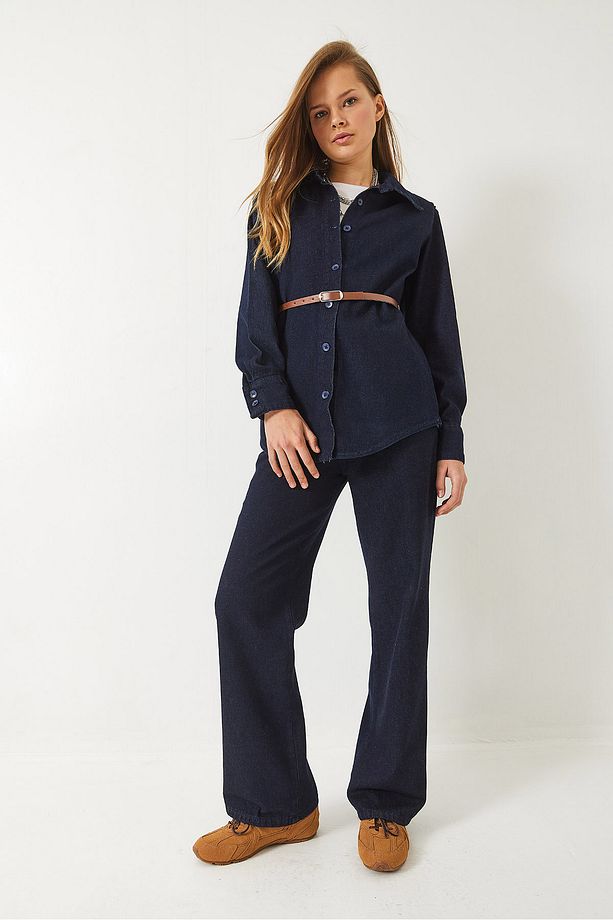 Kadın Vatka Detaylı Kemerli Gömlek Palazzo Pantolonlu Denim Takım 9299 60281009 - 3