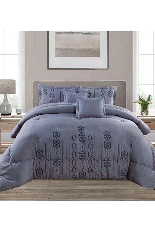 6 PC EMBROIDERY SOFT KINGSIZE COMFORTER SET LIGHT GREY