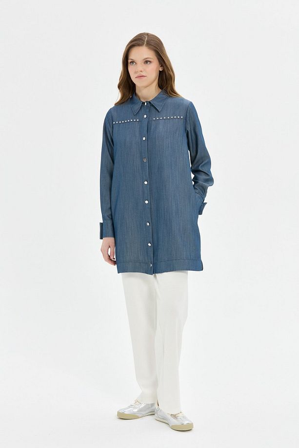 Çakma Detaylı Denim Tunik  Mavi - 4