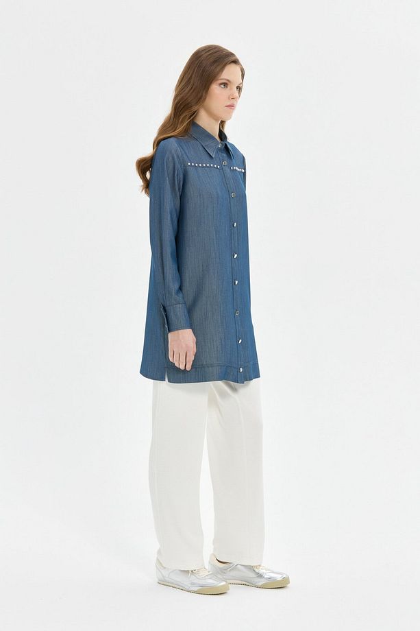Çakma Detaylı Denim Tunik  Mavi - 6
