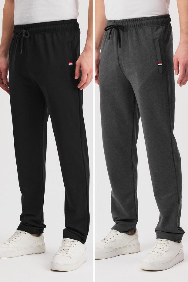 Black-Anthracite Men's Zippered Pocket Embroidery Detailed Straight Leg Relaxed Cut Casual 2-Piece Sweatpants