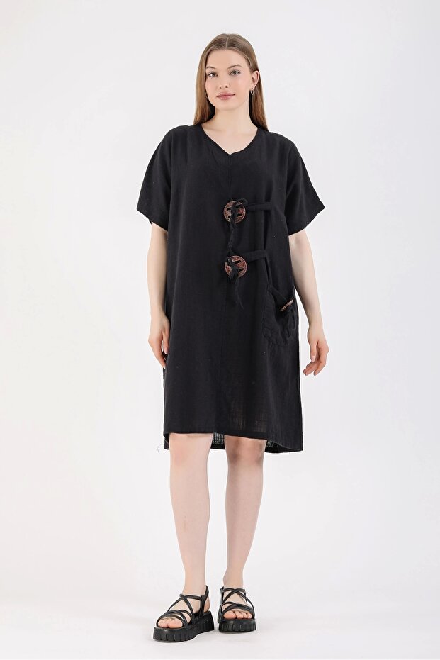 Linen Short Dress with Two Brit Pockets on the Front - Black