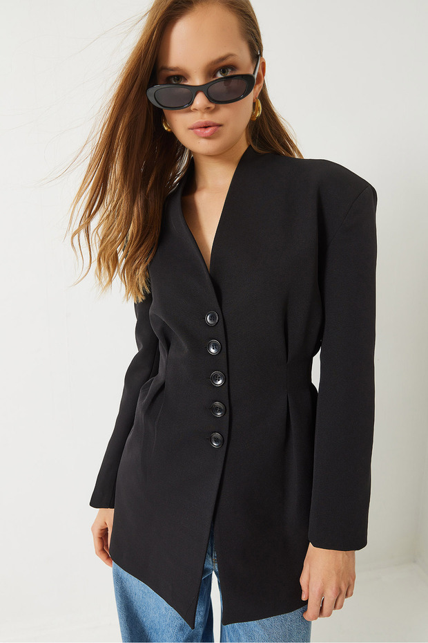 Women's Black Pens Detailed Long Sleeve Lined Double Jacket 9013 60282001
