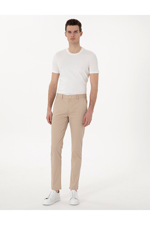 Beige Slim Fit Elastic Waist Canvas Trousers 50301759-Vr011