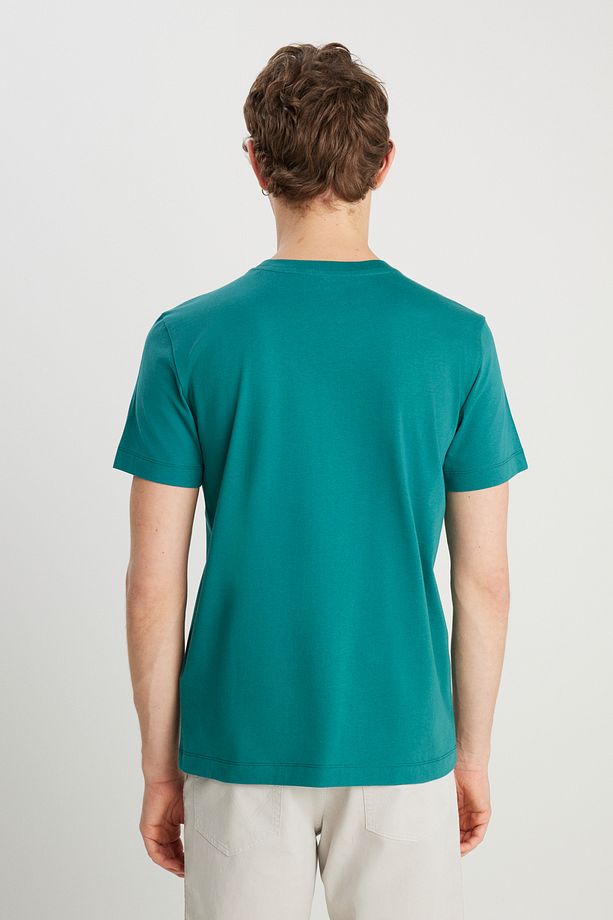 %100 Pamuk Regular Fit Normal Kesim Bisiklet Yaka Minimal Logo Yeşil Tişört - 5
