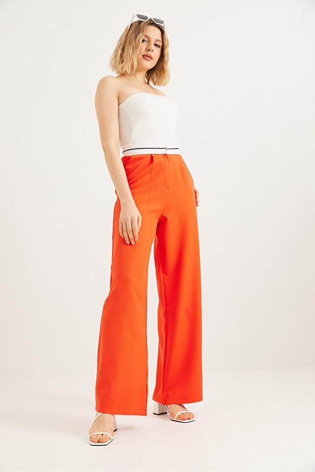 Wide Leg Trousers with Striped Waist Orange