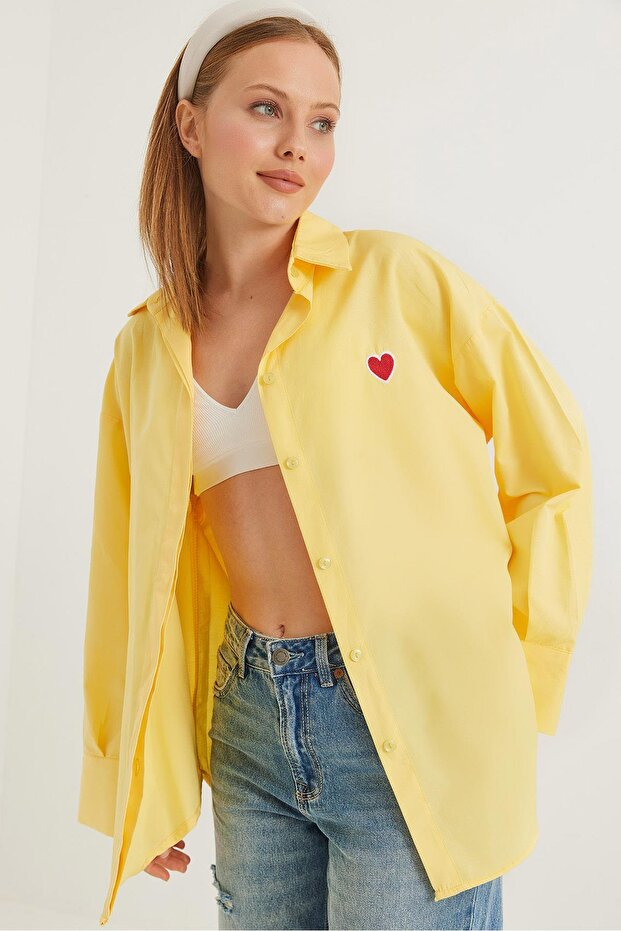 Kalp Nakışlı  Oversize Basic Gömlek Sarı - 1