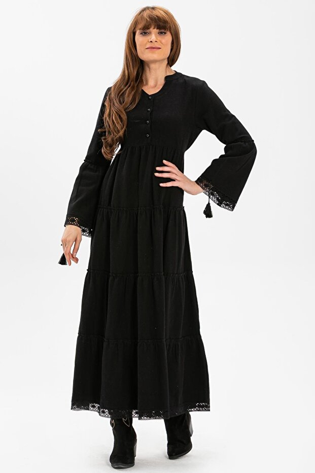 Long Sleeve Select Flannel Long Autumn and Winter Dress Black Syh