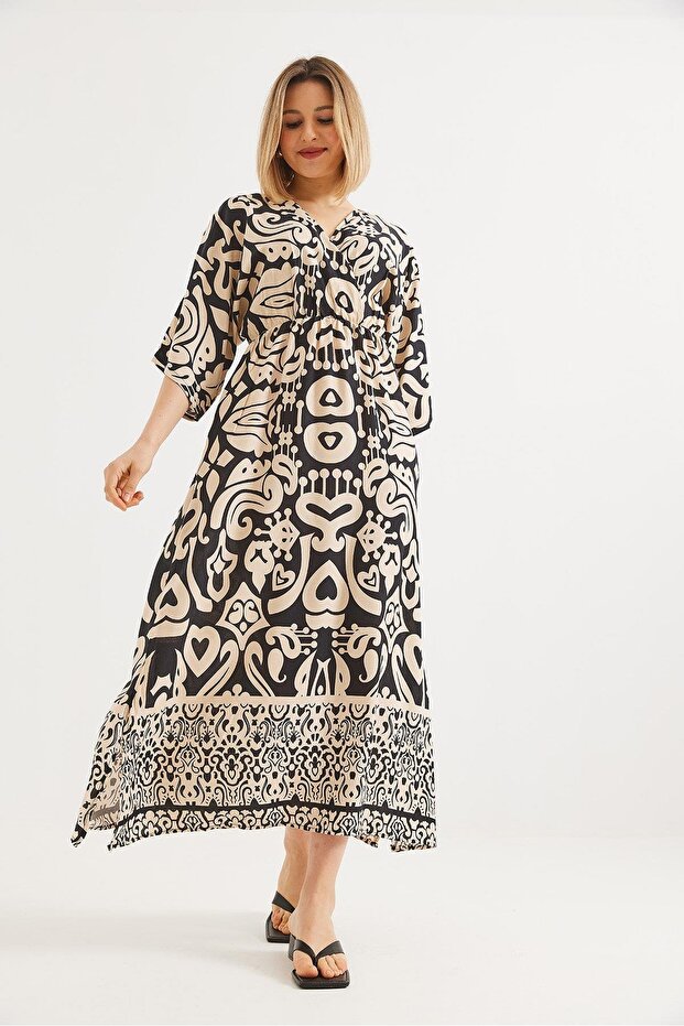 Double Breasted Collar Midi Sleeve Long Dress Mink