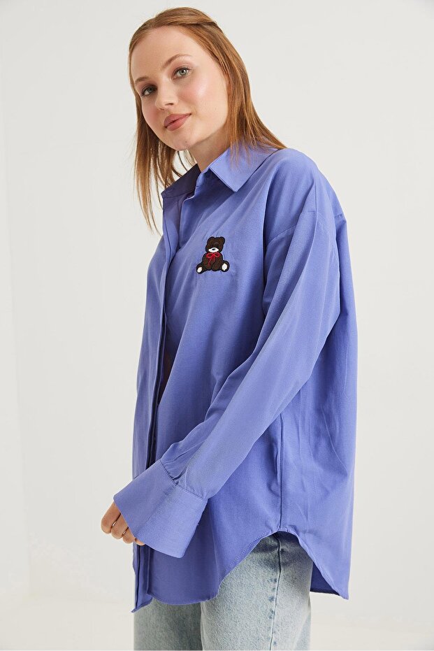 Ayıcık Nakışlı Oversize Basic Gömlek Lila - 2