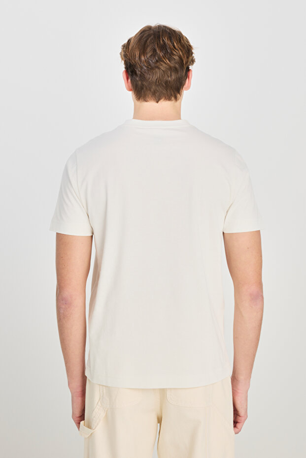%100 Pamuk Regular Fit Normal Kesim Bisiklet Yaka Ekru Tişört - 5