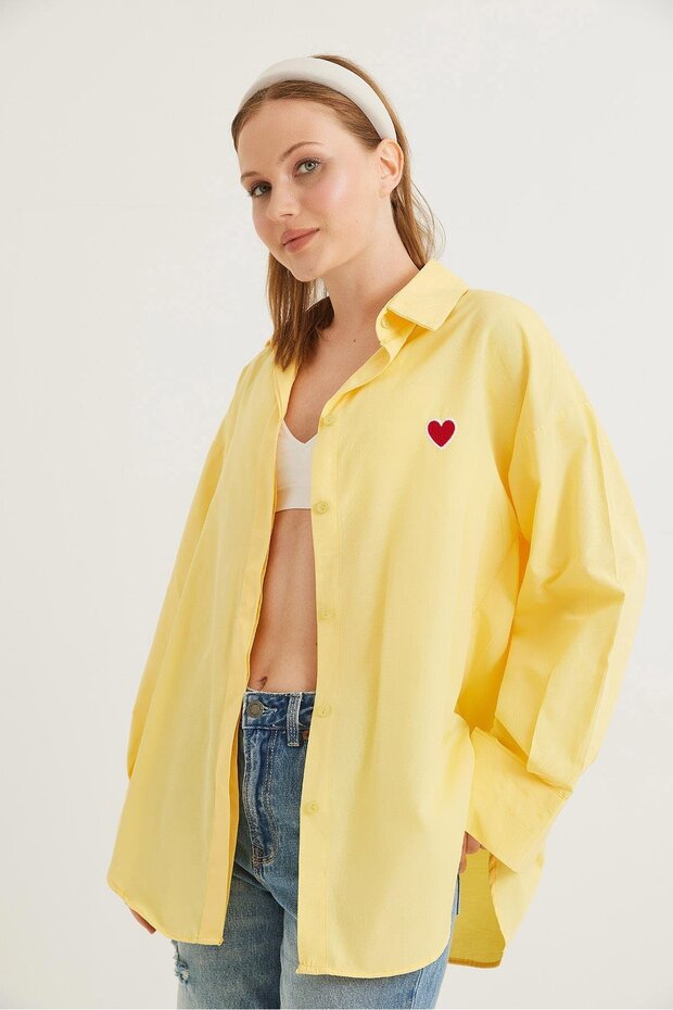 Kalp Nakışlı  Oversize Basic Gömlek Sarı - 4