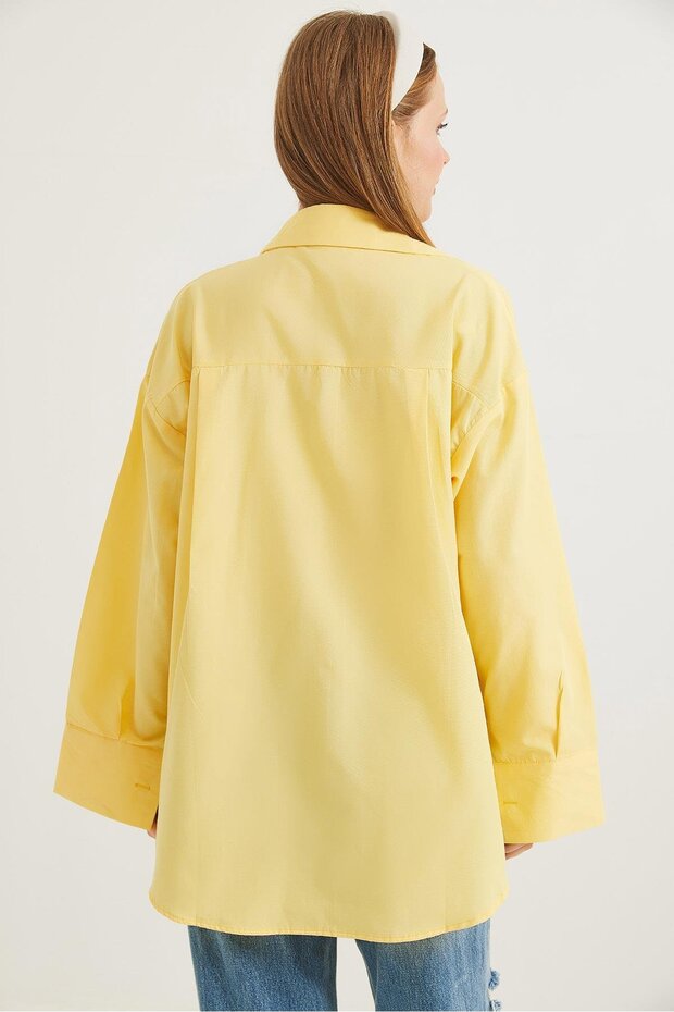 Kalp Nakışlı  Oversize Basic Gömlek Sarı - 5