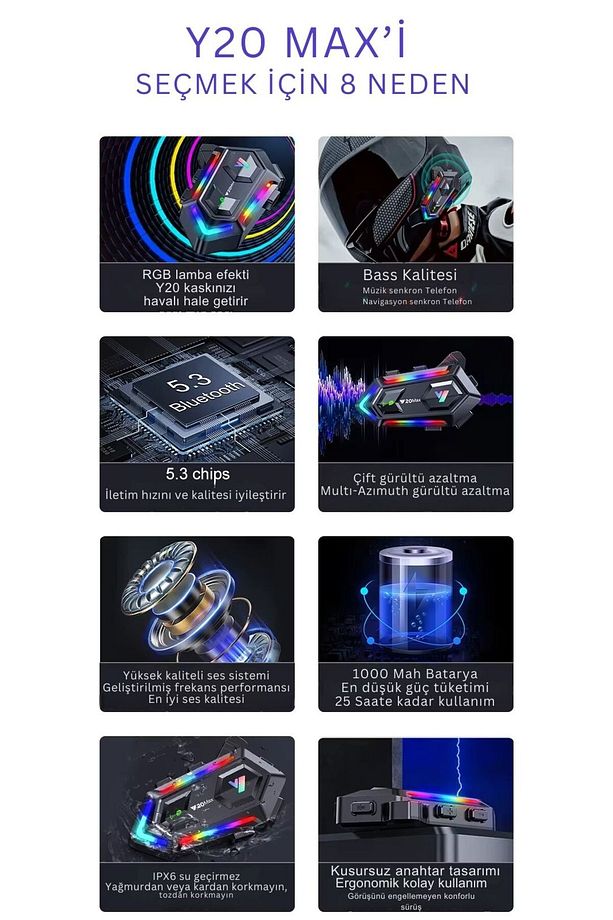 Y20 Max Upgrade İntercom Rgb Led Işıklı Telsiz Özellikli Motosiklet Kask Kulaklığı İnterkom - 3