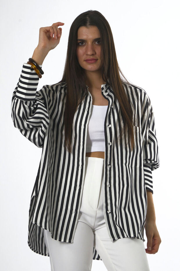 Women's Striped Single Pocket Oversize Shirt