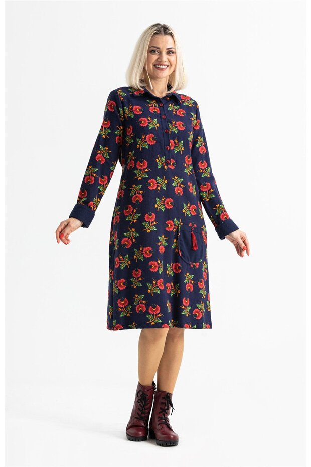 Long Sleeve Flannel Lily Pattern Midi Length Cute Autumn and Winter Dress Navy Blue Lcvt
