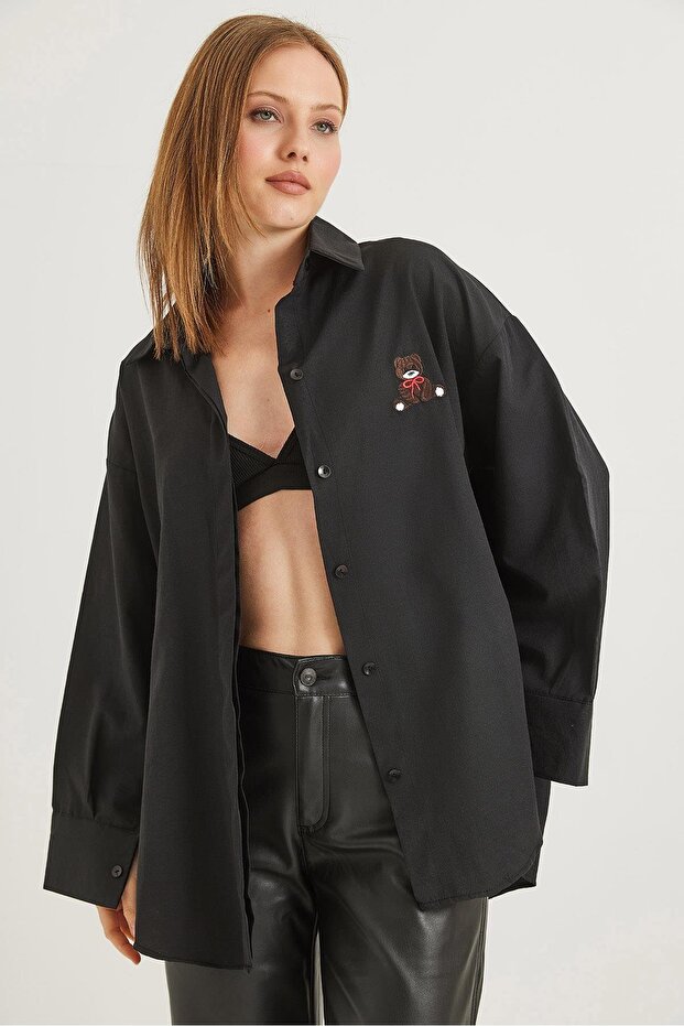 Ayıcık Nakışlı Oversize Basic Gömlek Siyah - 1