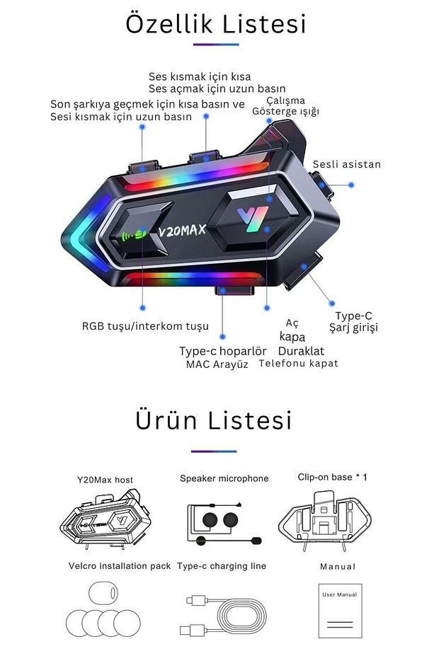 Y20 Max Upgrade İntercom Rgb Led Işıklı Telsiz Özellikli Motosiklet Kask Kulaklığı İnterkom - 4