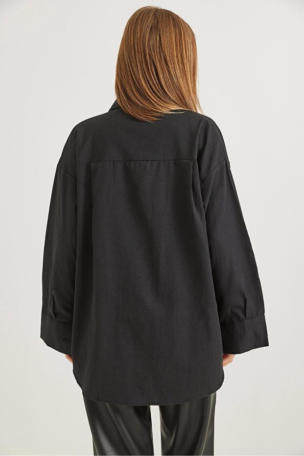 Kalp Nakışlı  Oversize Basic Gömlek Siyah - 5