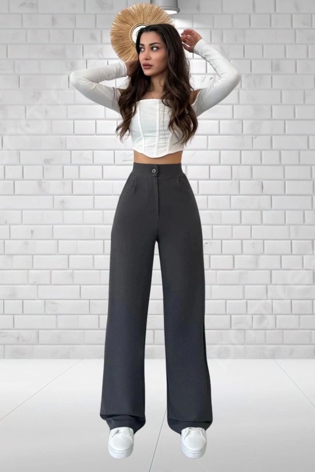 Women's Anthracite High Waist Crepe Fabric Lycra Palazzo Trousers