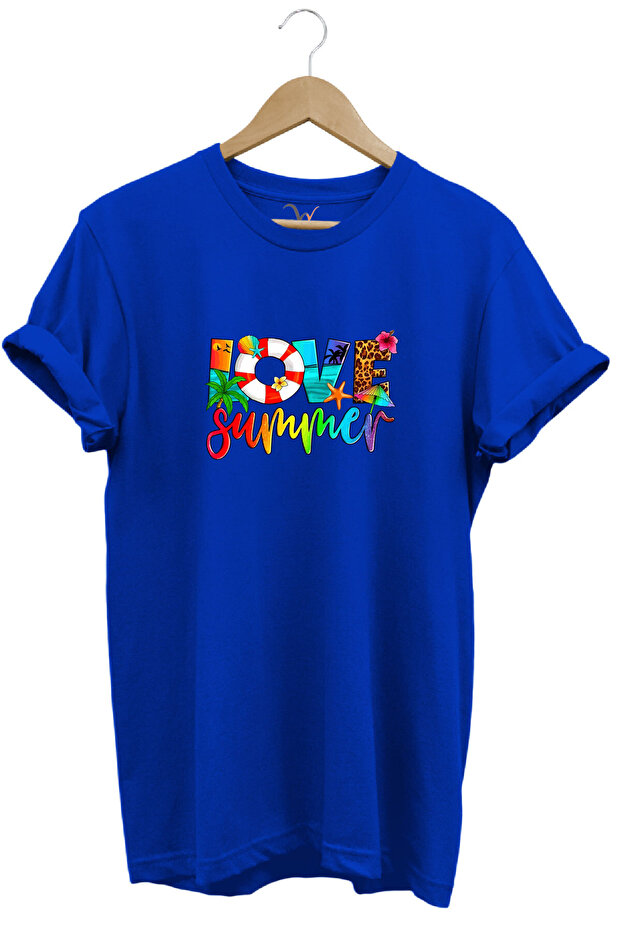 Summer Love Summer Text Printed Sea Coast Beach Patterned 100% Cotton Regular Fit Crew Neck T-Shirt