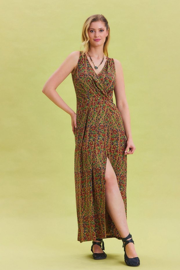 V Neck Slit Detail Long Dress
