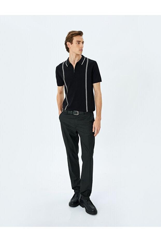 Half Zipper Stripe Detailed Short Sleeve Knitwear T-Shirt