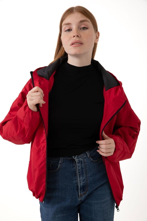Sports Women's Red Hooded Windproof Seasonal Raincoat with Pocket Inside
