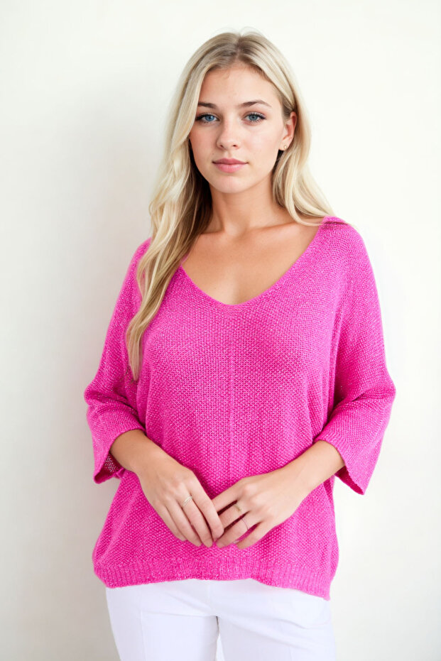 Yarım Kol Simli Triko Bluz - 1