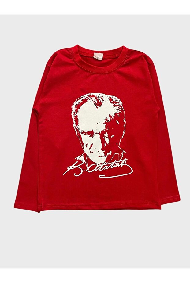 Children's Cotton Red Ataturk Patterned Long Sleeve Crew Neck Tshirt
