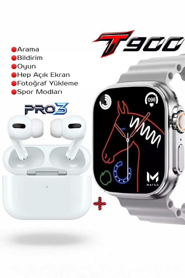T900 Akıllı Saat + Pro 3 Kablosuz Kulaklık Seti - Bluetooth Görüşme, Hep Açık Ekran, iOS & Android - 1