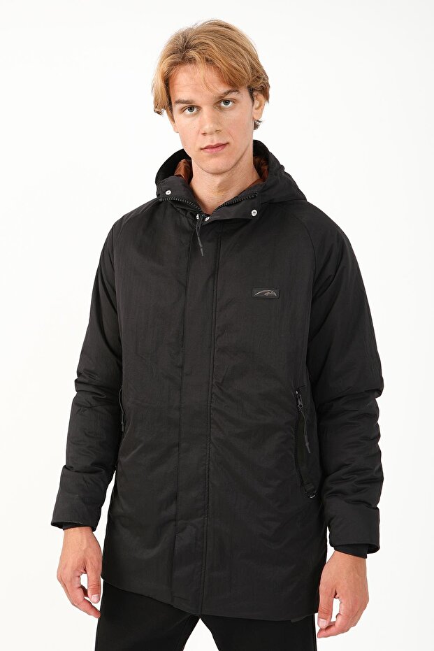 Regular Erkek Kapüşonlu Siyah-Taba Parka - 1