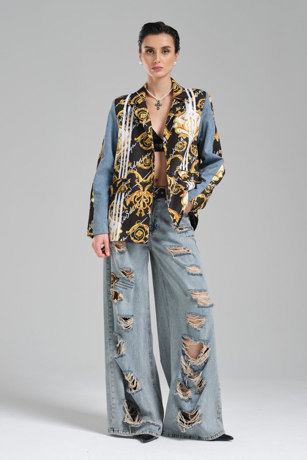 Women's Denim Color Ripped Detailed Belted Design Palazzo Jean