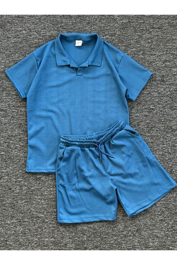 Men's Indigo Honeycomb Polo Neck T-Shirt Shorts Set