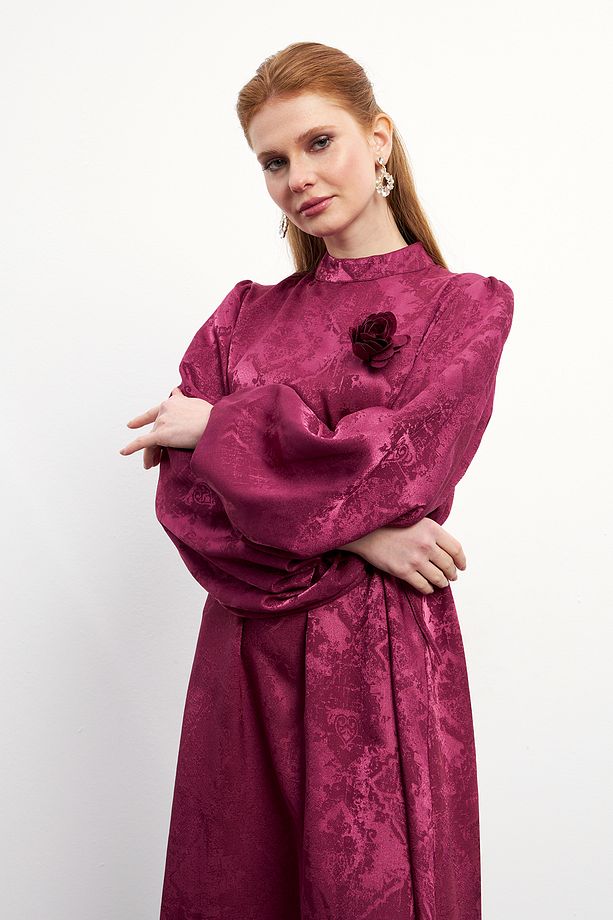Gül Detaylı Jakar Elbise - Bordo - 3