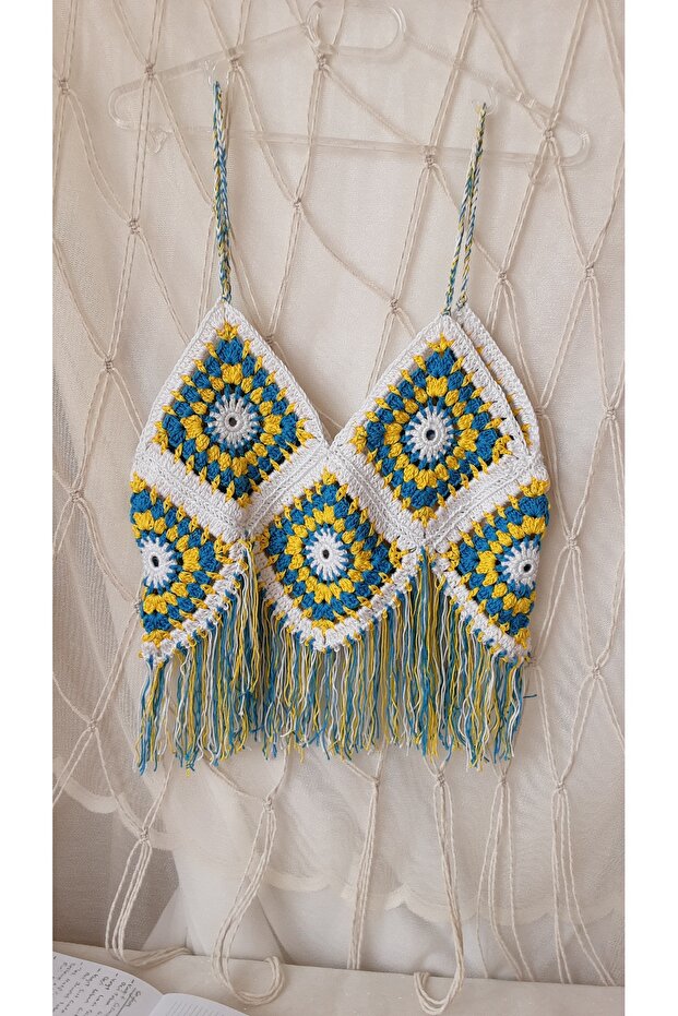 El Örgüsü Motifli Crop / El Örgüsü Crop / El Yapımı Ince Askılı Motif Yazlık Üst - 3