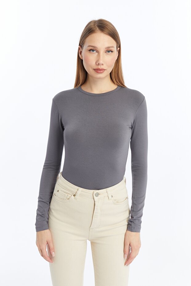 Women's Anthracite Gray Round Neck Long Sleeve Blouse